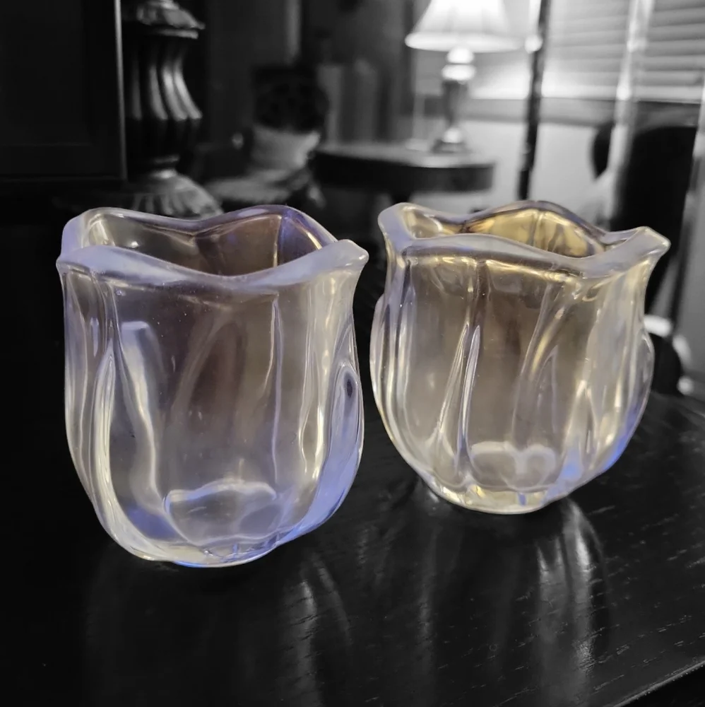 Vintage Tulip Flower Clear Glass Decorative Votive Candle Holders Set of 2